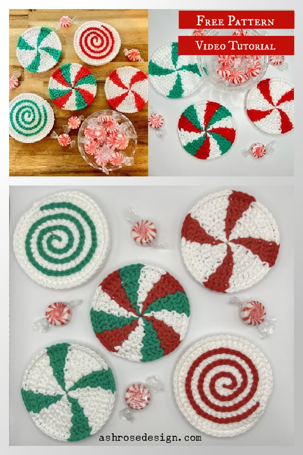 Peppermint Swirl Coaster Set Free Crochet Pattern and Video Tutorial