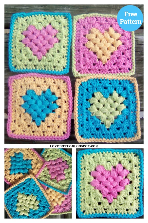 Puff Heart Granny Square Free Crochet Pattern 