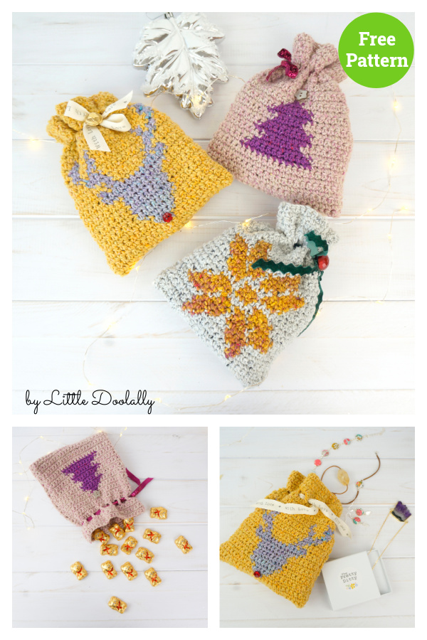 Drawstring Christmas Gift Bags Free Crochet Pattern 