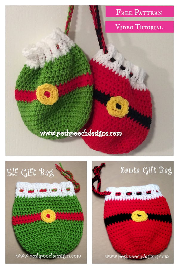 Santa and Elf Christmas Gift Bags Free Crochet Pattern and Video Tutorial