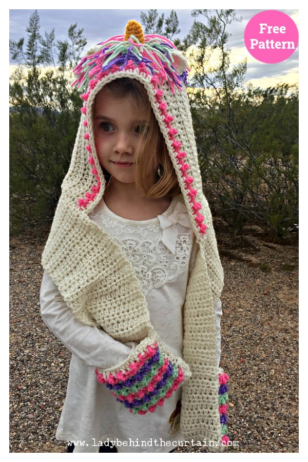 Unicorn Hooded Scarf with Pockets Crochet Free Pattern