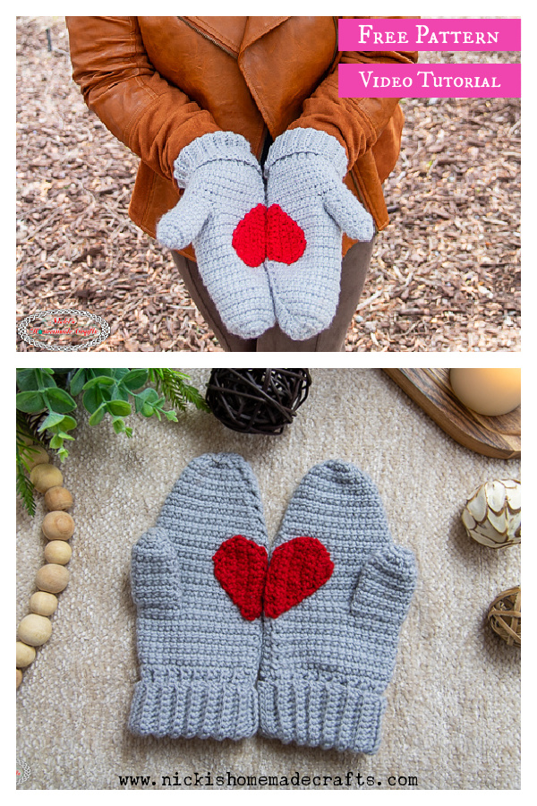 Mittens with Heart Free Crochet Pattern and Video Tutorial