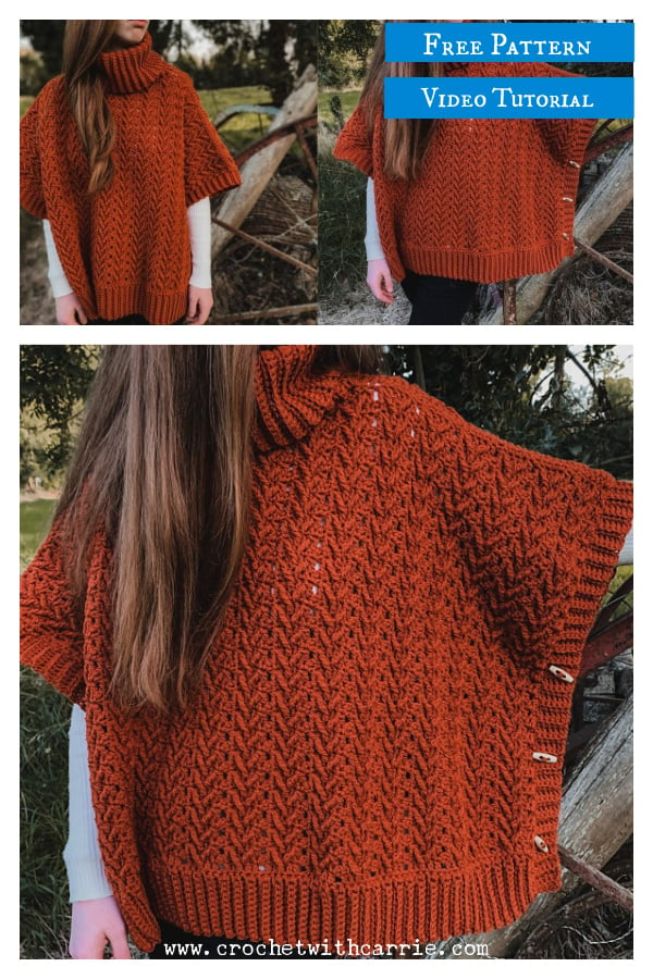 Harvest Turtleneck Poncho Free Crochet Pattern and Video Tutorial