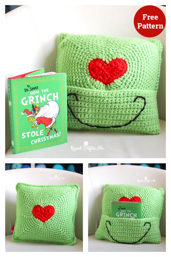 Grinch Heart Pillow Free Crochet Pattern