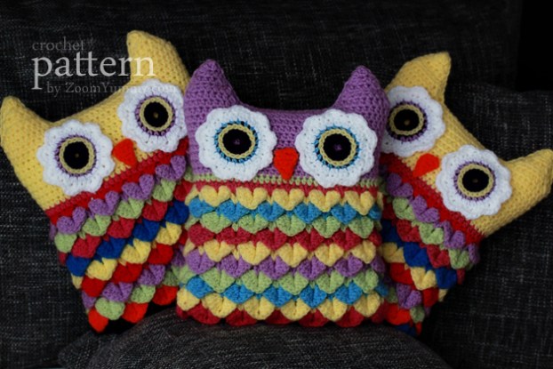 Crochet Owl Cushion With Colorful Feathers