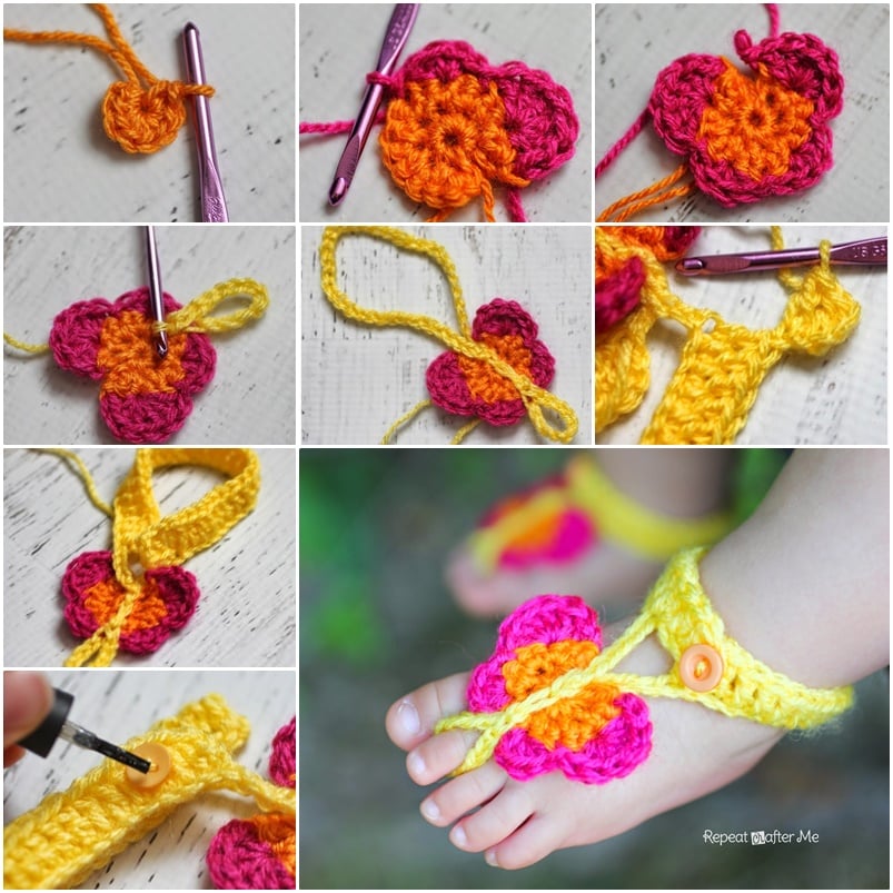 DIY Crochet Butterfly Barefoot Sandals with Free Pattern #Crochet #Sandal #Baby