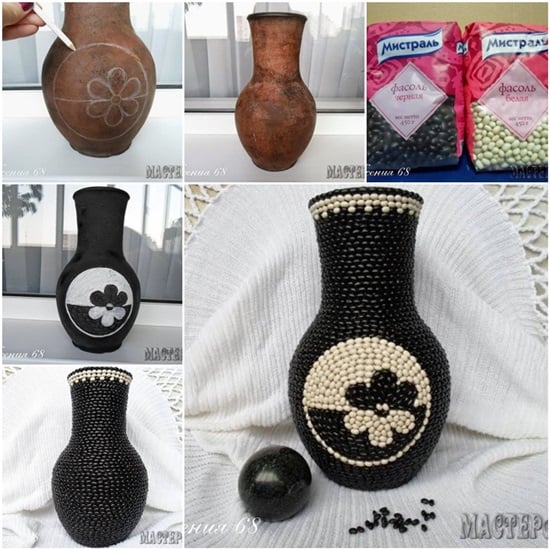 diy-decorated-vase-with-black-and-white-beans -f