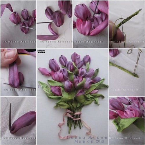 DIY Ribbon Embroidery Tulip step by step