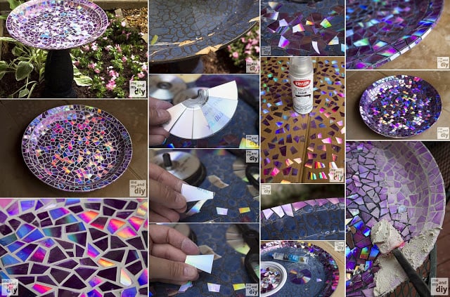 DIY Mosaic Tile Birdbath With Recycled DVDs