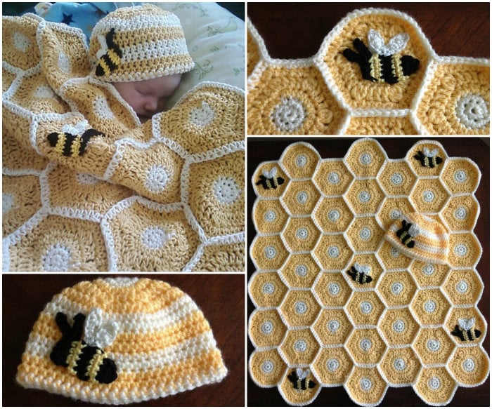 DIY Sweet As Honey Baby Blanket and Hat Set. Bee Applique