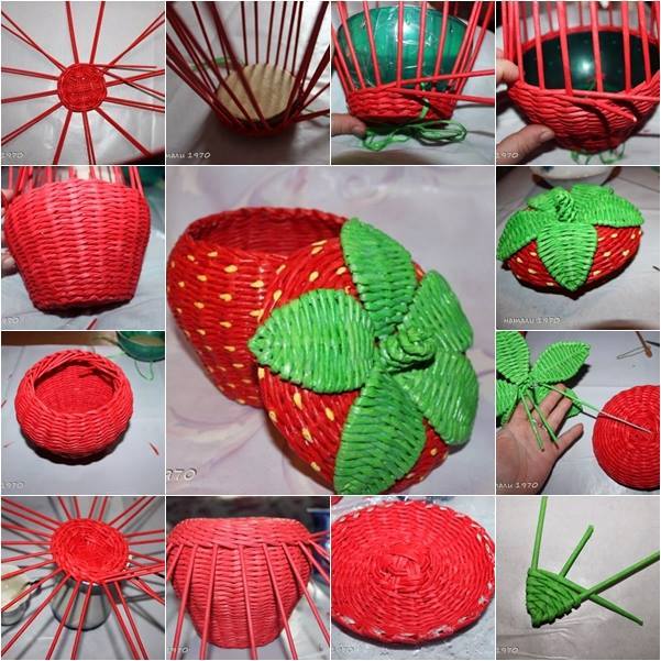 diy-woven-strawberry-shaped-basket-from-recycled-newspaper