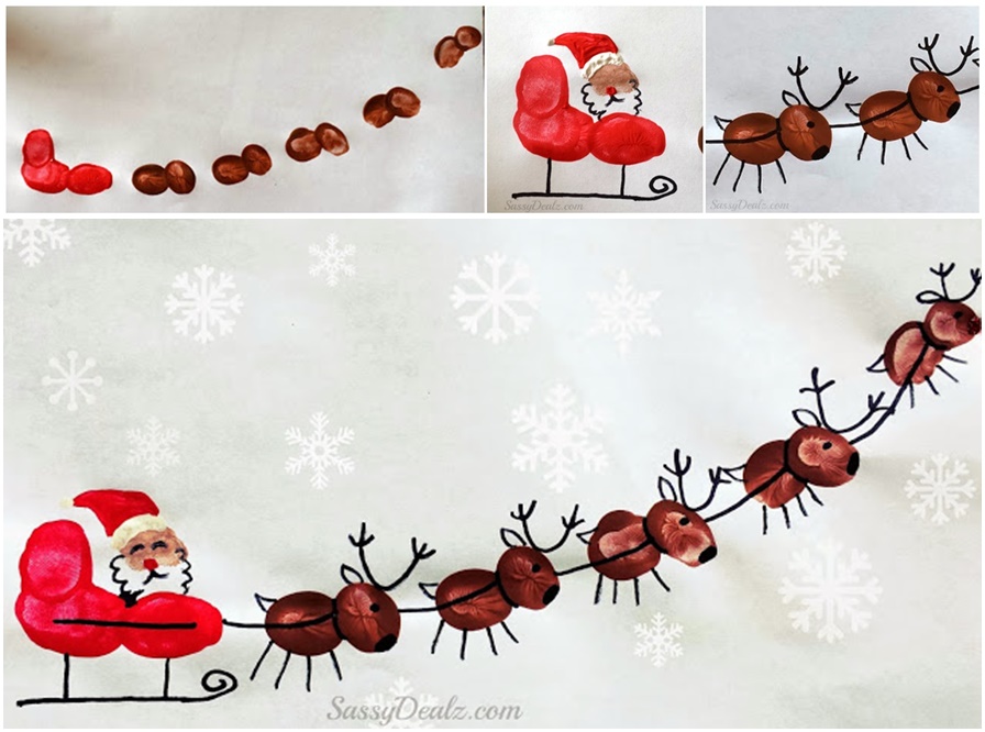 DIY Fingerprint Santa's Sleigh and His Reindeer