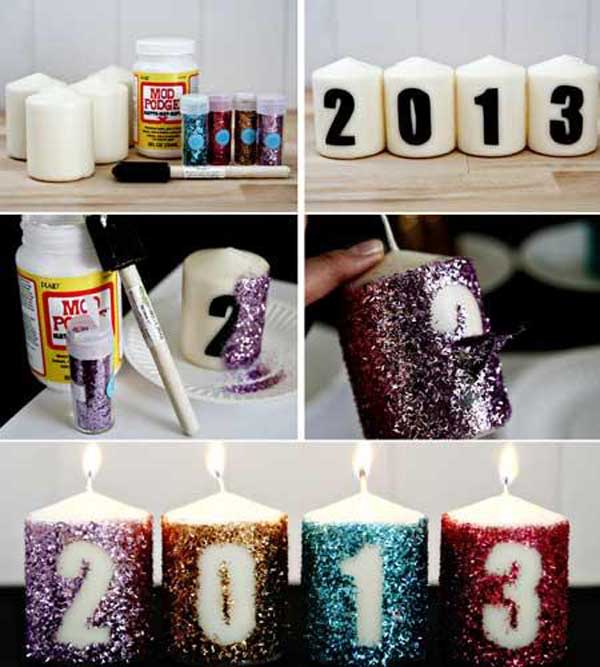 DIY Glitter New Years Candles Decoration