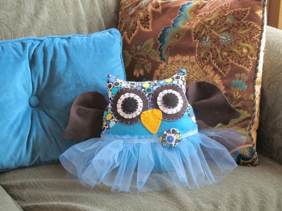 Stuffed owl pillow with a blue tutu