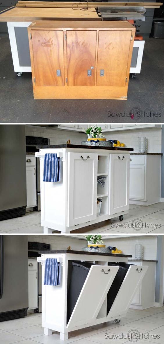 How to Turn Cabinet into kitchen island with tilt-out trash can