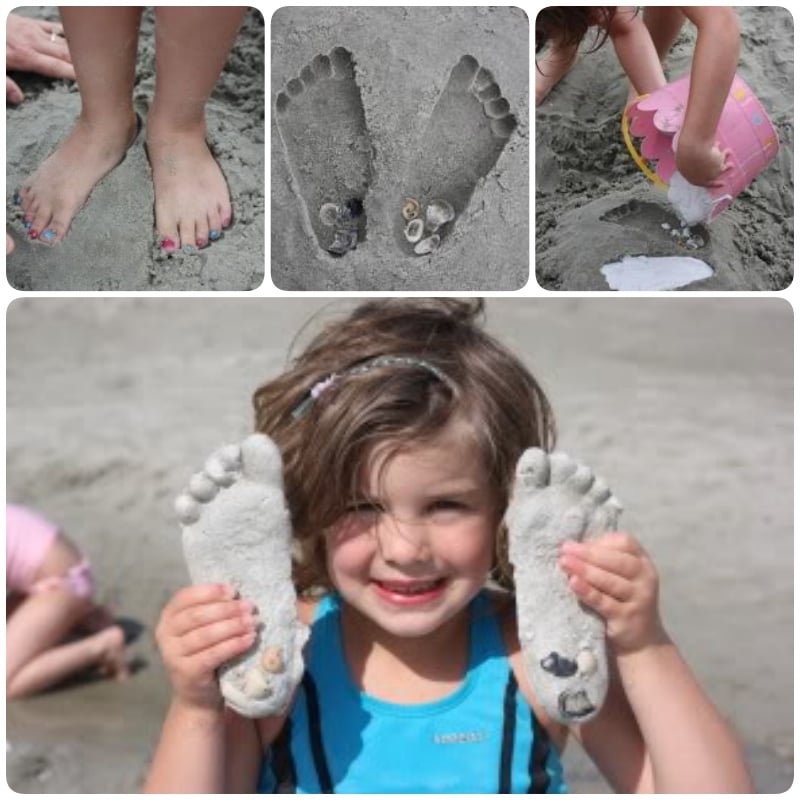 DIY Plaster of Paris Sand Footprints. As family vacations and reunions begin in full force, many people head to the beach, lake or any place to stay cool by the water, and this is the ultimate in DIY beach keepsake arts and crafts. #Craft #Footprint #Keepsake #Sand