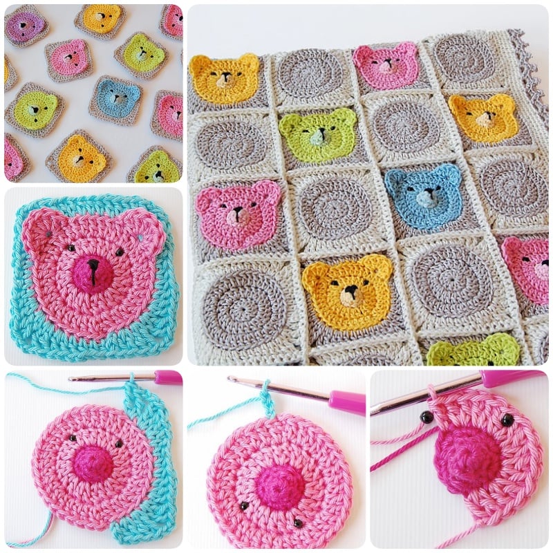 Crochet Teddy Bear Granny Square Baby Blanket