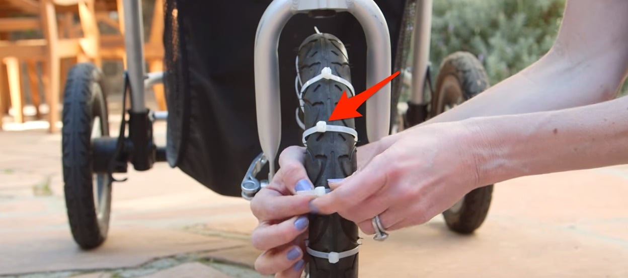 This Mom Attaches Zip Ties To The Front Wheel Of Stroller. The Reason Why? So Smart!