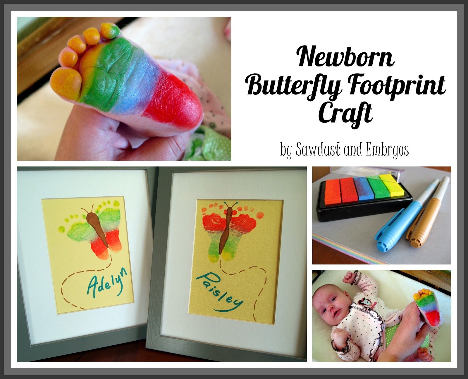 Newborn Footprint keepsake Butterfly Art craft. These would make such a bright and happy present for special family members. #Craft #Keepsake #Butterfly #Footprint