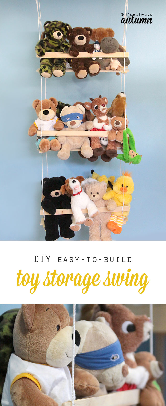 get those stuffed animals off the ground with this easy to build DIY hanging toy storage swing