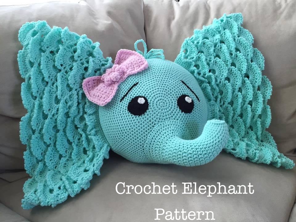 head animal with baby blanket Pillow Pattern with Crochet Elephant