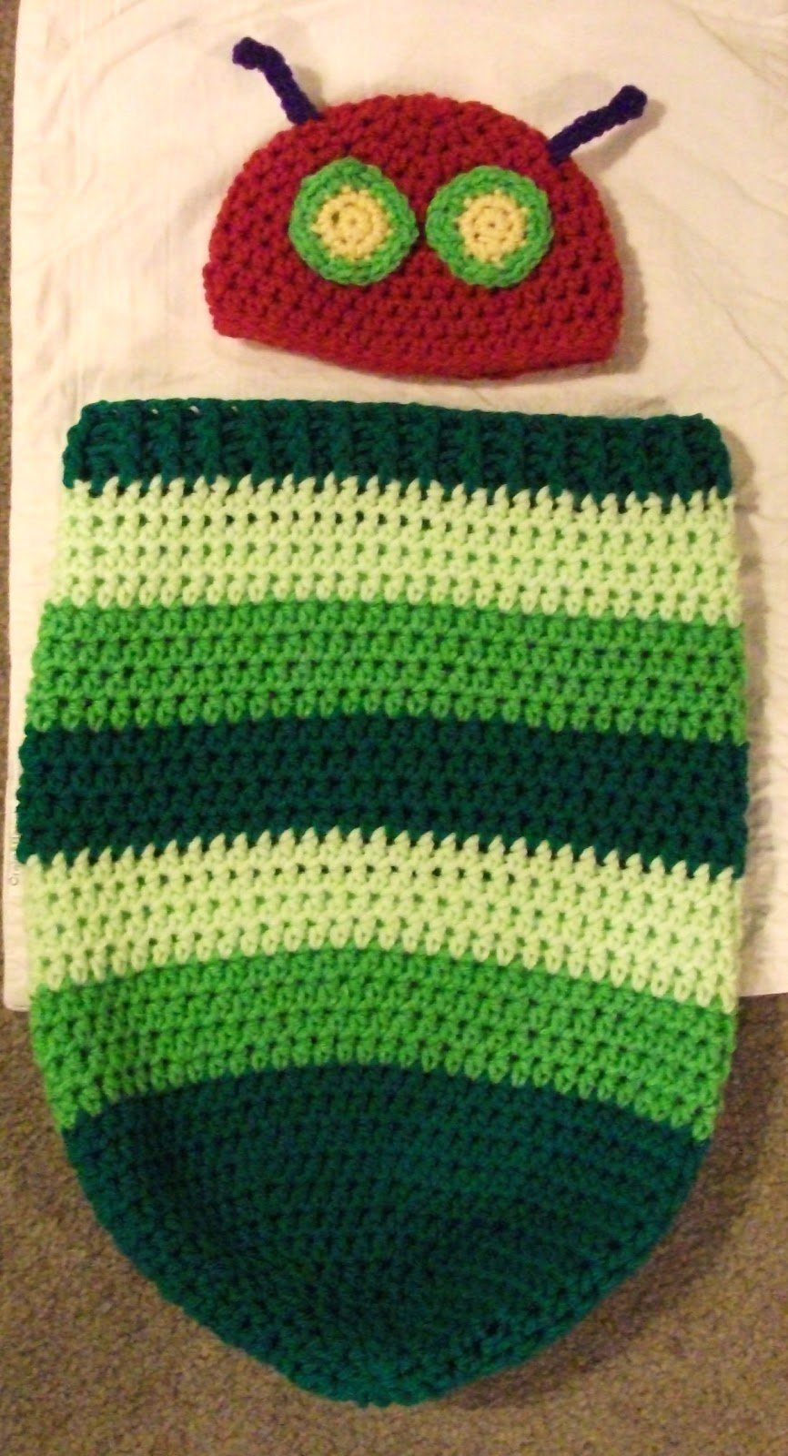 Crochet Hungry Caterpillar Cocoon and Hat Set with Free Pattern