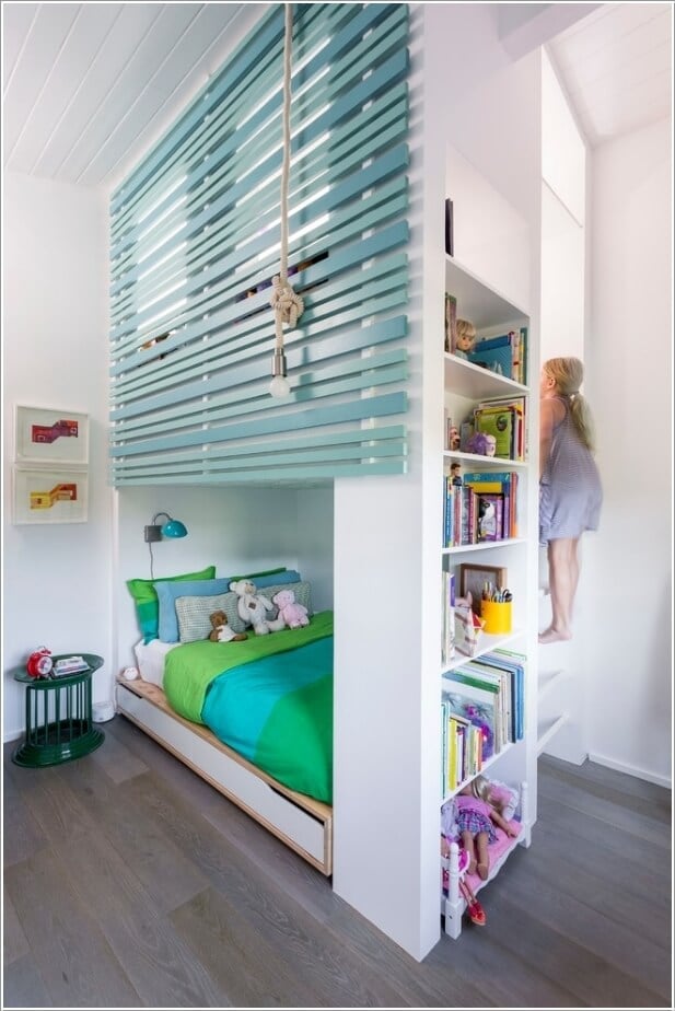 Go Vertical with a Built In Bed with Storage Shelves, Topped with a Loft Play Area or a Reading Nook