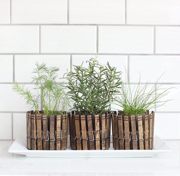 18 Indoor Herb Garden Ideas--DIY Clothespin Herb Planters