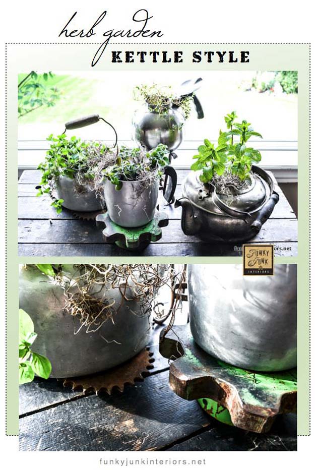 18 Indoor Herb Garden Ideas---Herb Garden Kettle Style