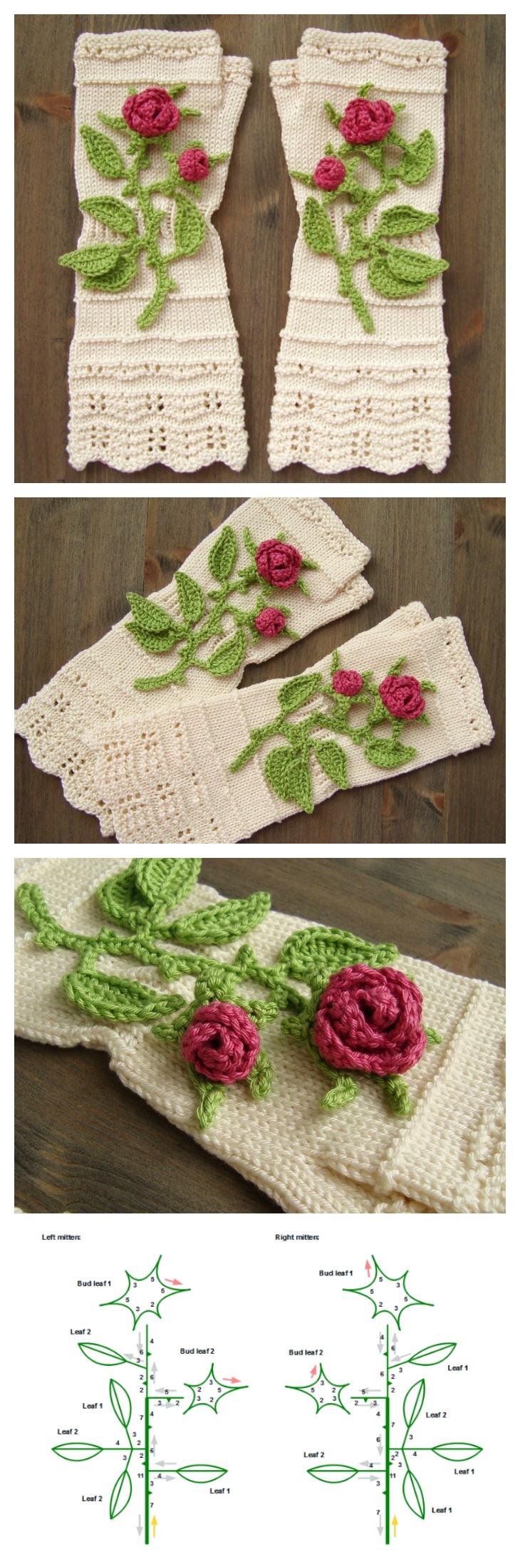 Knitted Fingerless Mittens With Crochet 3D-Roses