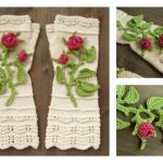 Knitted Fingerless Mittens With Crochet 3D-Roses m