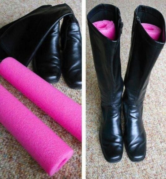 Use pool noodles or rolled up magazines to stand boots upright in your closet