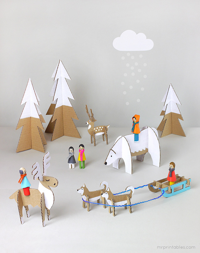 30+ Fun Ways To Repurpose Cardboard For Kids----Peg doll winter wonderland scene
