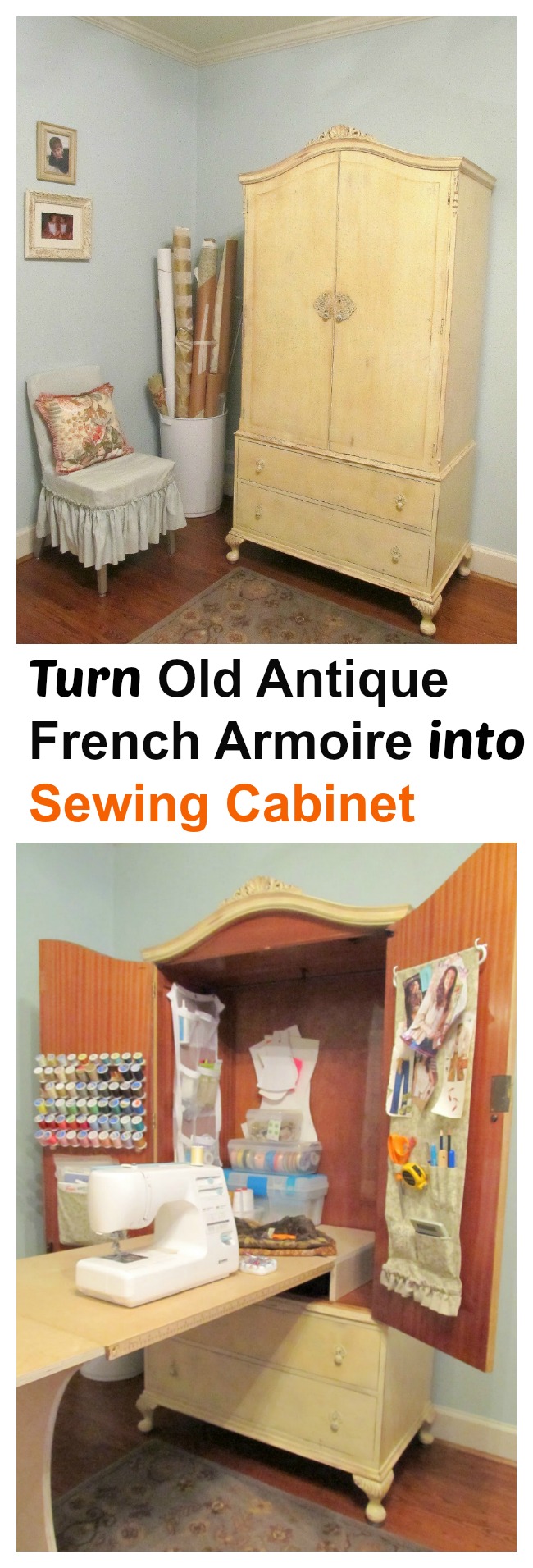 Turn Old Antique French Armoire into a Sewing Cabinet