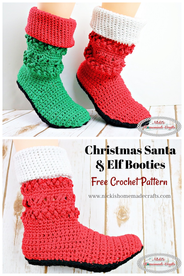 Adult Christmas Santa and Elf Booties Free Crochet Patterns