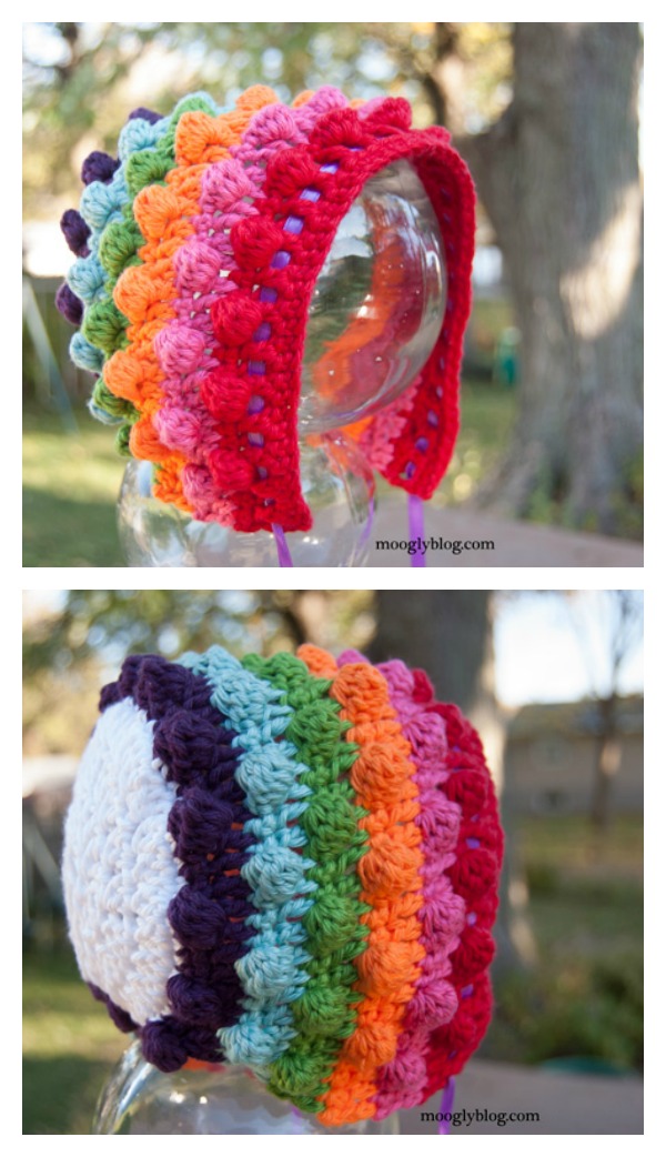 Crochet Bobble Stitch Blackberry Salad Striped Baby Bonnet Free Pattern