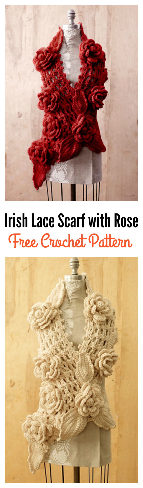 Crochet Irish Lace Scarf with Rose Free Pattern