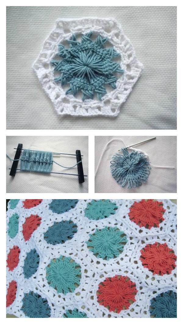 Crochet Hairpin Lace Sunburst Hexagon Motif Blanket Free Pattern 