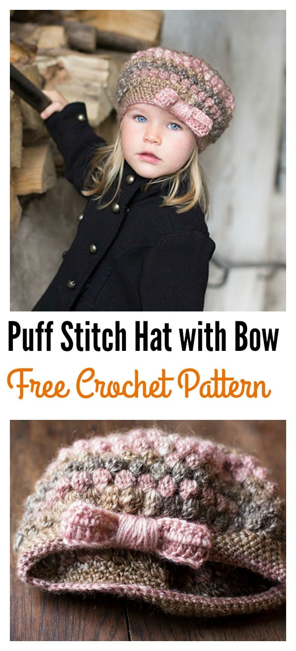 Crochet Puff Stitch Hat with Bow Free Pattern