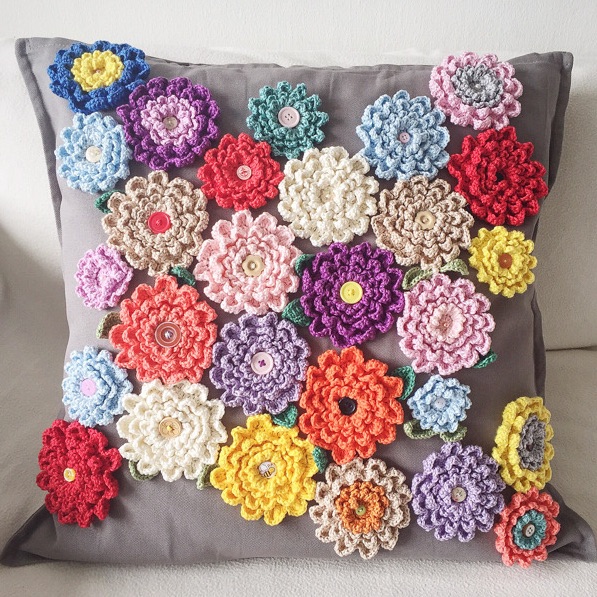 Pillow Decorated with Crochet Never-ending Wildflower