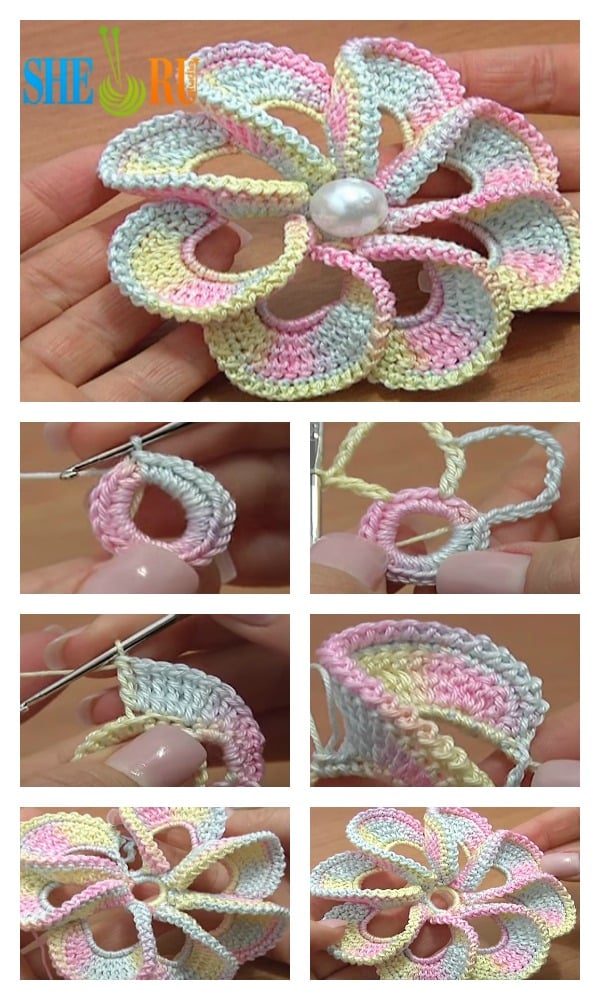 Crochet 3D Spiral 8-Petal Flower Trim Around Video Tutorial 