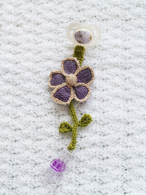 Knitted Flower Pacifier Clip Free Pattern