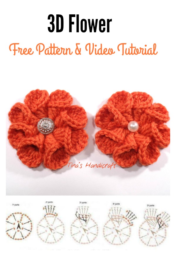 3D crochet Flower FREE Pattern and Video Tutorial