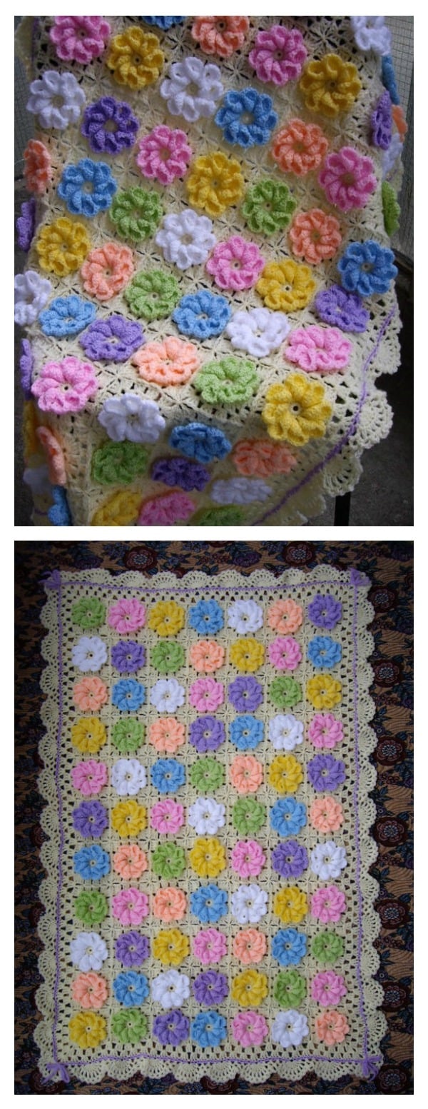  Crochet 3D Flower Granny Square Baby Blanket