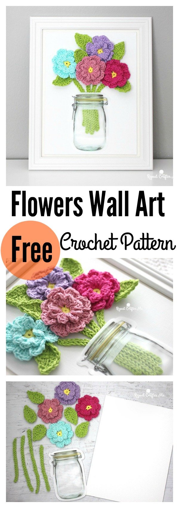 Crochet Flowers on Canvas Wall Art Free Pattern