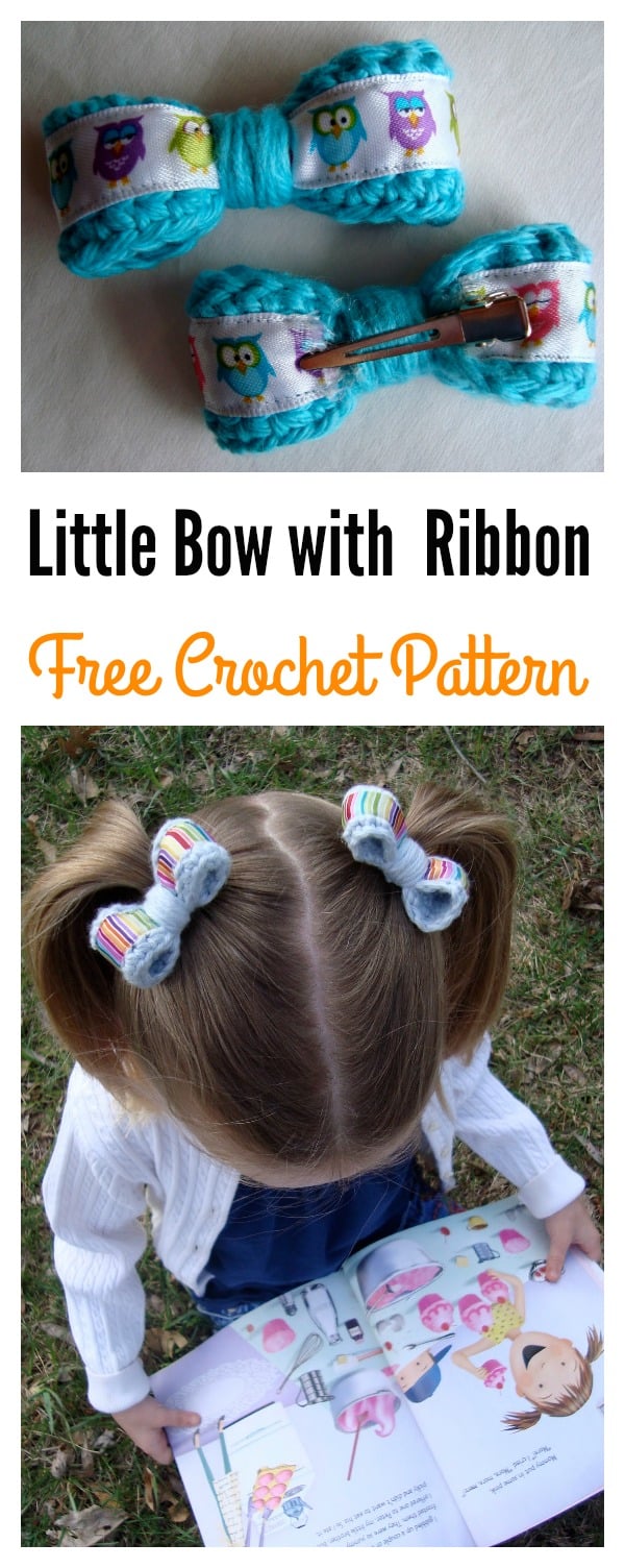 Little Bow with Ribbon Hair Clips Free Crochet Pattern