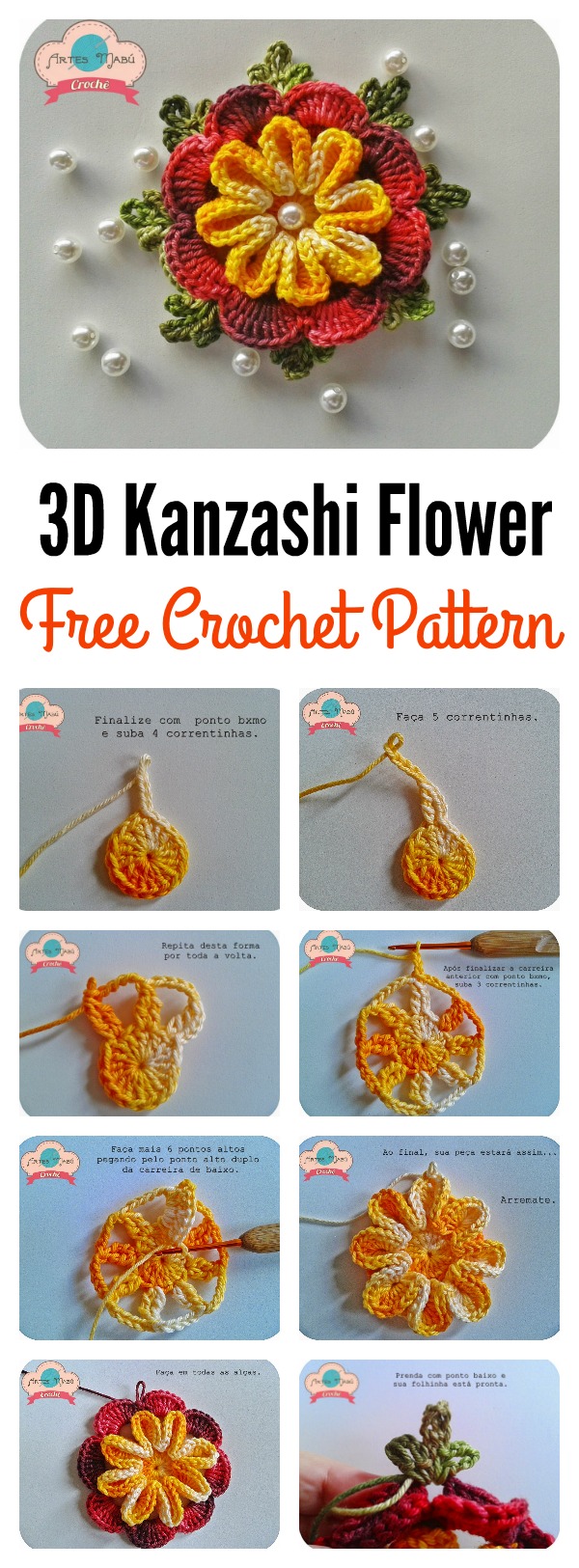 3D Kanzashi Flower Free Crochet Pattern