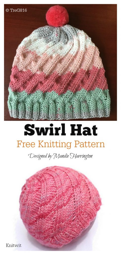 Swirled Ski Cap with Pom Pom Free Knitting Pattern