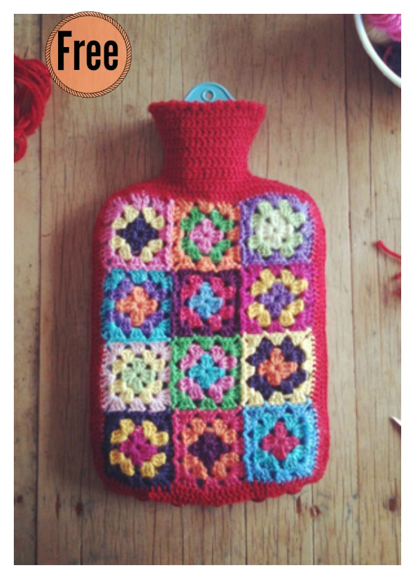 Granny Square Hot Water Bottle Cover Free Crochet Pattern