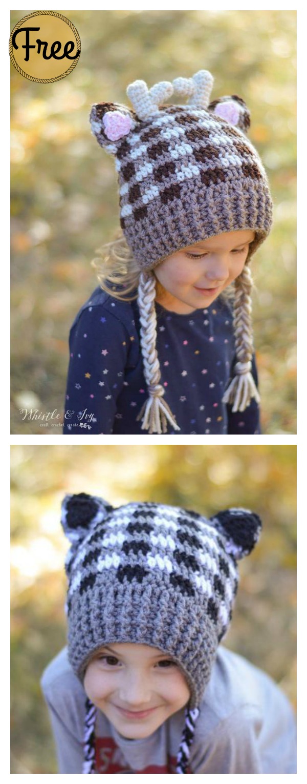 Plaid Woodland Animal Hats Free Crochet Pattern